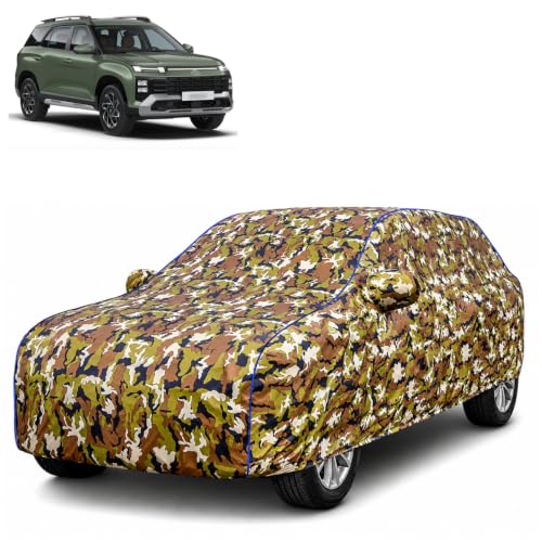 Image of Waterproof Car Body Cover for Hyundai Alcazar with Mirror Pocket| Cotton Inner Lining | Triple Stitched | All Weather Protection | Dust, UV & Rain Proof (Camouflage with Blue Piping)