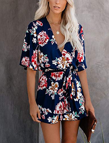 Relipop Women's Jumpsuit Floral Print V Neck Flared Half Sleeve Elastic Tie Waist Ruffle Hem Romper #TOP2