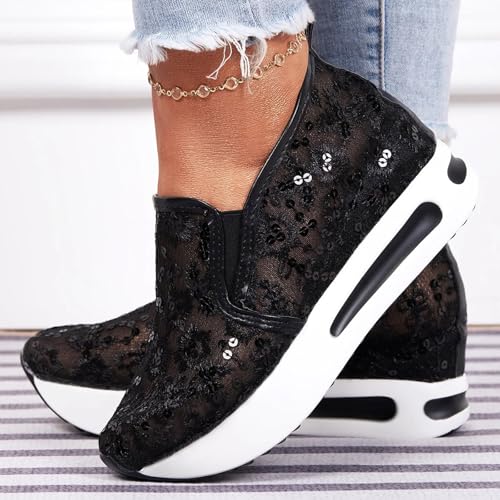 Fashion Sneakers for Women 2025, Floral Embroidery Breathable Sheer Mesh Lace Slip on Platform Wedge Sneakers Lightweight Comfortable Casual Walking Shoes4