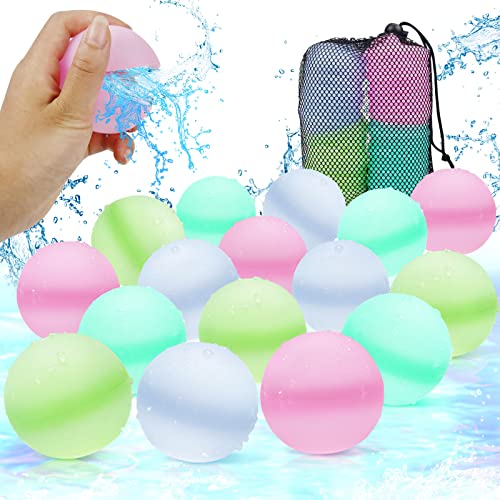 16Pcs Water Balloons, Silicone Refillable Water Balls Beach Pool toys for Kids Adults, Colorful Summer Toys with Mesh Bag, Outdoor Activities Water Games Toy, Summer Themed Party Gift