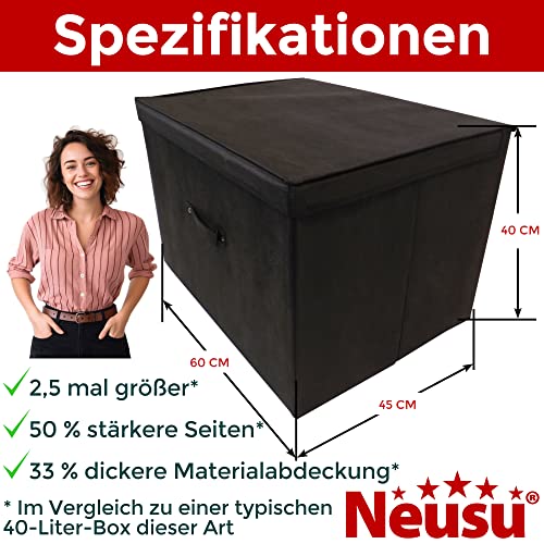 Neusu Aufbewahrungsbox mit Deckel - Schwarz, Stoff Bezogen - Stabile große 60x45x40 cm Klappbox - 100 Liter Super-Jumbo XXL Kiste/Ordnungsbox (100L)