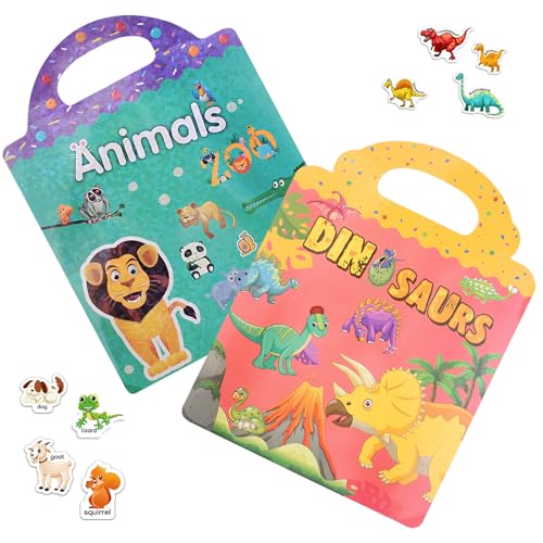 2 Pezzi Libri adesivi,libro stickers bambini,adesivi riutilizzabili per bambini, Pvc Impermeabili Stickers Animal/Dinosaur,per età 3-6 anni bambini,per aiutare i bambini a impararli e riconoscerli