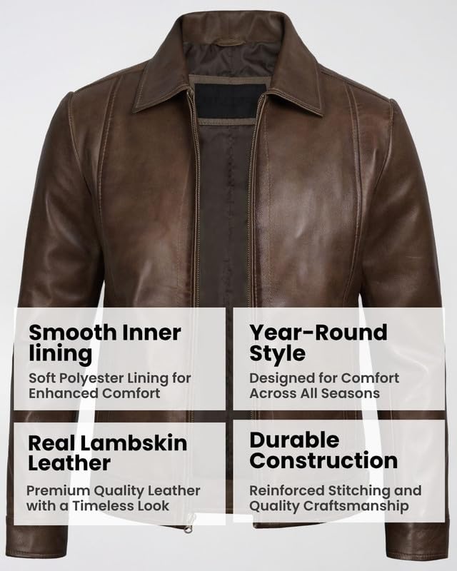 Image of Blingsoul Vintage Distressed Leather Jacket for Men - Shirt Collar Genuine Lambskin Mens Leather Jacket