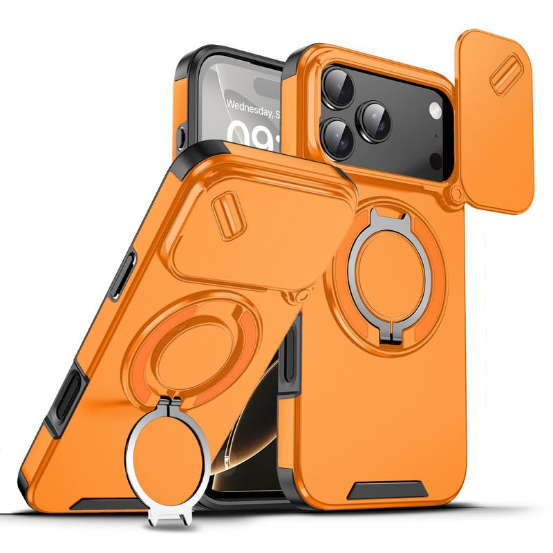 LuxuryKase Shockproof Rugged Case for iPhone 17 Pro Max | Slide Camera Cover | 360° Rotating Ring Kickstand | Military-Grade Protection - Sunset Orange