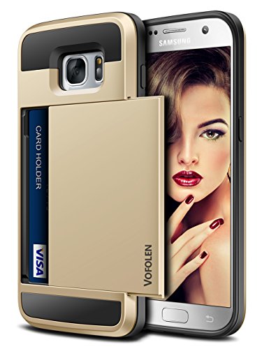Vofolen Case for Galaxy S7 Case Wallet Slidable Card Holder Slot ID Pocket Protective Hard Shell Shock Absorbing TPU Tough Rubber Bumper Armor Scratch-Proof Case Cover for Samsung Galaxy S7 Gold