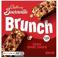 Cadbury Bournville Brunch Dark Choc Chip Cereal Bars, Rich Dark Chocolate Chip Snacks full of Oats, Crispies & Bran Flakes, Multipack, 4 x 28 g Bars