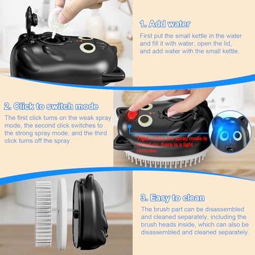 3 in 1 Cat Steam Brush for Shedding, Pet Steam brush for Dog & Cat Shedding & Grooming, for Long & Short Haired Pets, Spritz Defur Comb (black) - Image 5