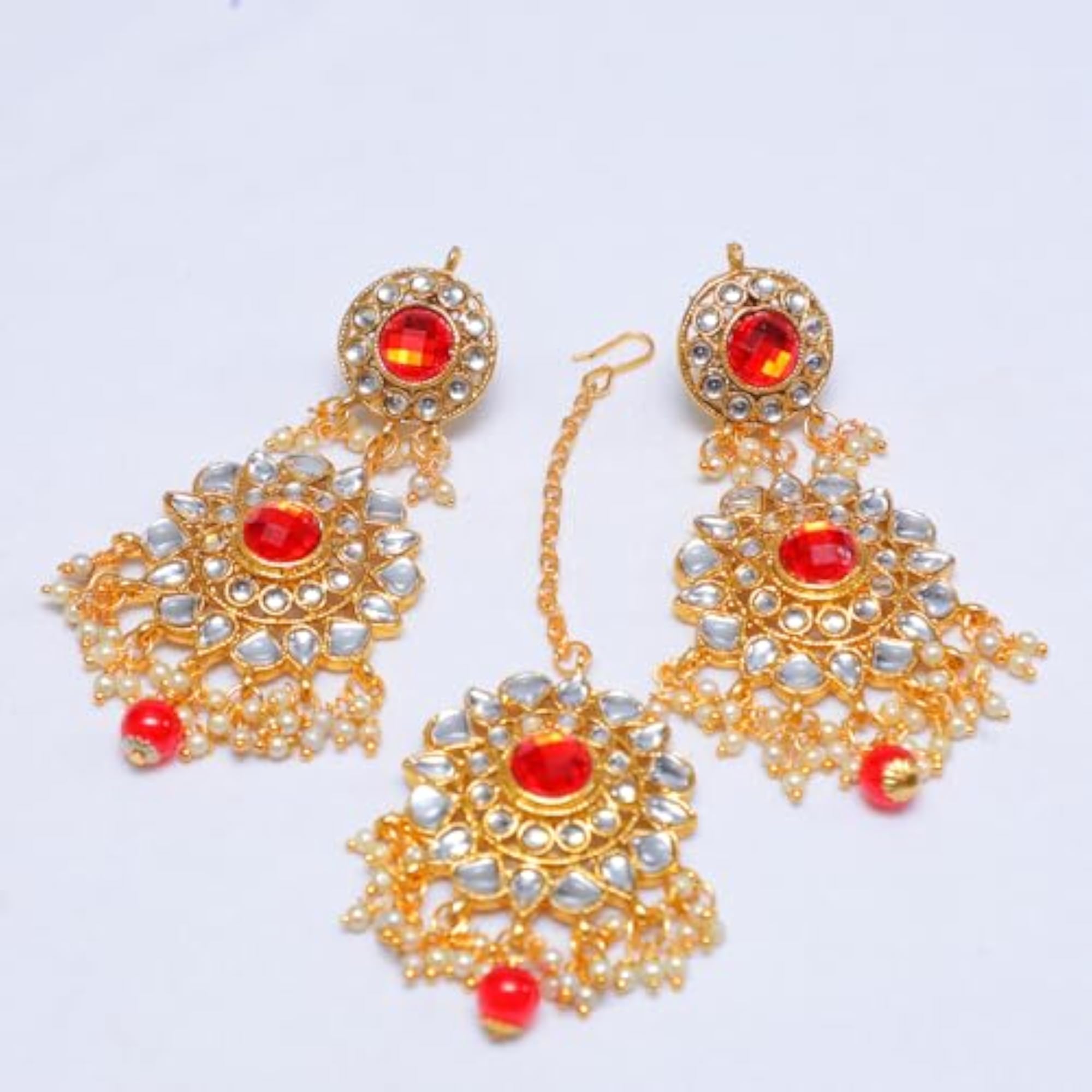 Royal Red Kundan Choker Necklace Set with Pearl Drops