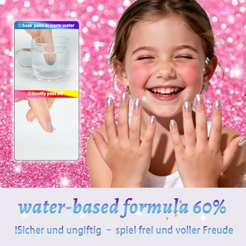 Aieenjor Nagellack Kinder Glitzer Set, 6 Farben kindernagellack ab 3 4 5 6 7 jahre ungiftig, wasserlöslich & Abziehbar, Nageldesign Set Für Mädchen