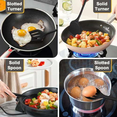 P&P CHEF Kitchen Utensil Set, 4 Pieces Non-stick Silicone Cooking Utensils, Heat-resistant Slotted Solid Spoon Turner for Frying, Mixing, Serving, Non-toxic & Easy to Clean, Black by P&P CHEF - Image 4