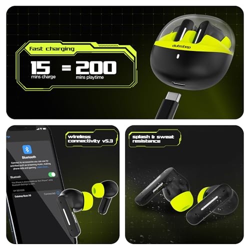 Image of Dubstep Buzz X8 in Ear Wireless Earbuds, 56Hrs Playtime, 13Mm Dynamic Drivers, Xbass Technology, ENC Mics, Type-C Fast Charging (Neon Green)