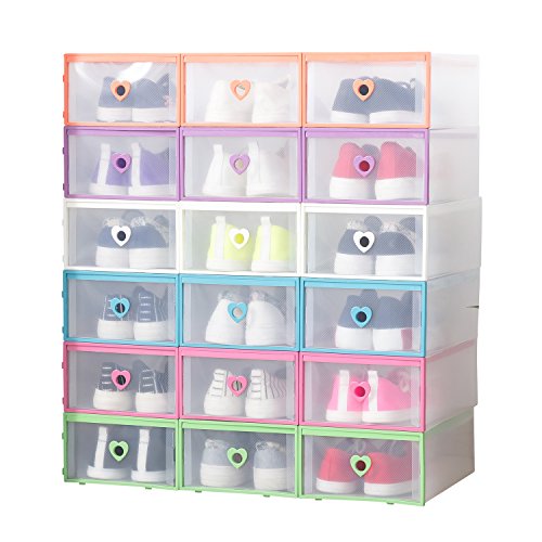 Smilun Portable Shoe Boxes Container for Closet Organizer Clear Plastic Shoe Boxes Shelf Stackable Foldable Organizer Box Multicolour Heart12PCs