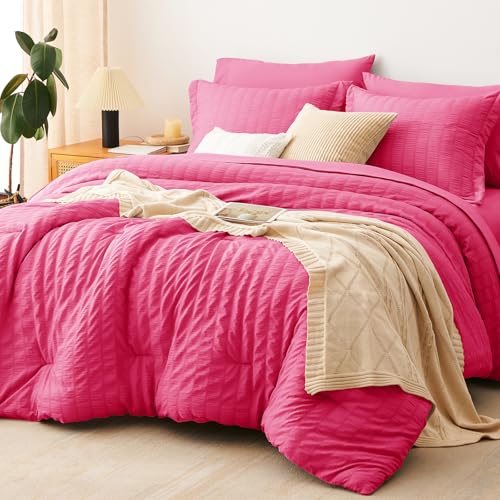 Image of CozyLux Queen Comforter Set Hot Pink, 7 Pieces Seersucker Textured Luxury Bed in a Bag Queen, All-Season Soft Bedding Sets with Down Alternative Comforter, Sheets, Pillowcases & Shams, Bedroom Bed Set