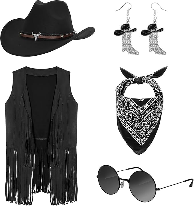 JTKDG Cowgirl Kostüm Damen Western Outfit Set mit Cowboyhut, Fransenweste, Bandana, Ohrringen & Hippie Brille – Cowboy Verkleidung mit Accessoires...