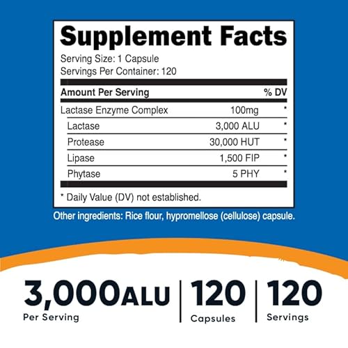 Nutricost Lactase Enzyme Complex 3,000 Fcc Alu, 120 Vegetarian Capsules - Non-Gmo, Gluten Free, 120 Servings #TOP1