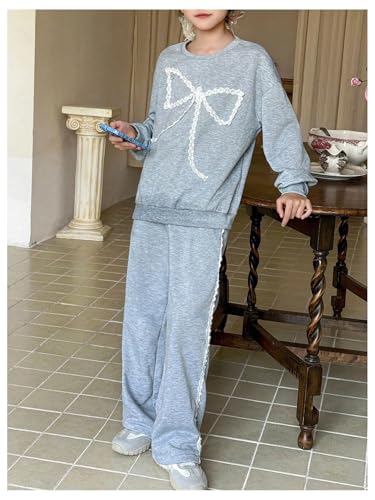 OYOANGLE Girl's Sweatsuits Set Long Sleeve Bow Sweatshirt and Lace Trim Straight Leg Sweatpants Fall Outfits4