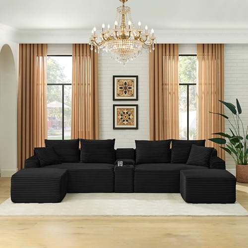 127" U-Shaped Cloud Sectional Couch, Front Facing Modular Compressed Boneless Sectional Sofa with Chaise Lounges and Console, Plush Corduroy Boneless Symmetrical Sofa - Image 3