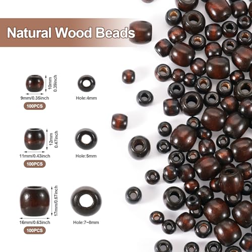 Craftdady 300Pcs Wooden Large Hole Round Bead Dreadlock Hair Braid Bead 3 Sizes Barrel European Wood Spacers for Macrame Garland Bracelet Making - Image 2