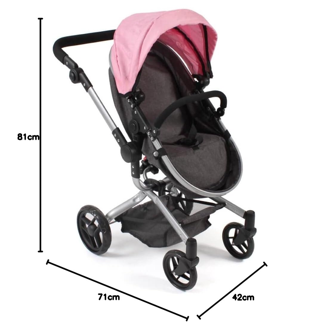 Puppenwagen Yolo, 2in1 Kombipuppenwagen für Kinder von 4 bis 8 Jahren, Melange Anthrazit-rosa | Großer 2in1 Puppenwagen mit Schwenkschieber, verstellbarem Griff 46–82 cm und wendbaren Aufsätzen für Puppen bis 52 cm