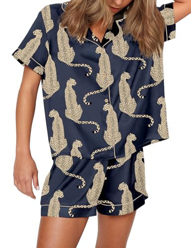 Image of SHESHOW Satin Pajamas for Women Set Preppy Animals Pjs Short Sleeve Shorts 2 Piece Loungewear Sets XS-XXL