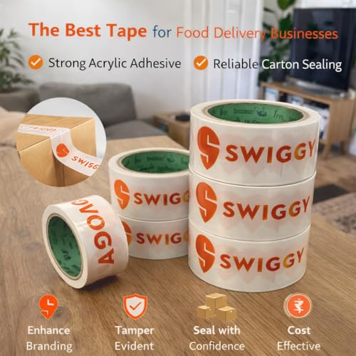 Image of Swiggy Food Packaging Tape | Very Strong Adhesive Tape | Suitable For E-Commerce | Packaging Material For Small Food Business | (48 Mm /2 Inch X 65Meter) (Pack Of 6),White | Very strong adhesive tape | Suitable for E-Commerce | Packing material for small food business