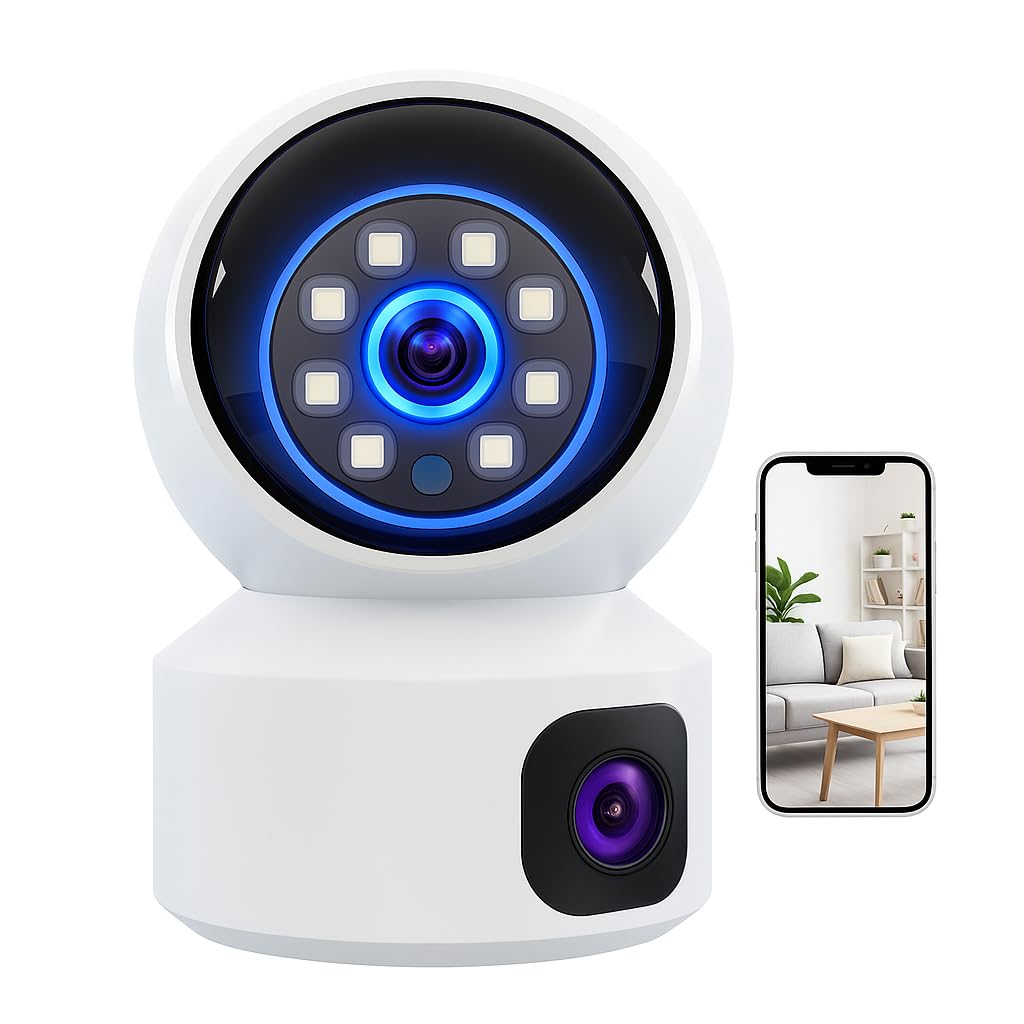 Cámara de Seguridad WiFi Full HD con Doble Lente | Visión Nocturna, Audio Bidireccional y Detección de Movimiento | Tarjeta SD 64 GB Incluida | Uso Interior o Exterior Protegido