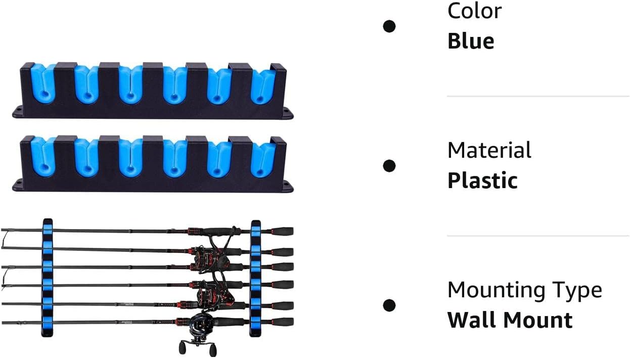 Hifisher Upgraded Fishing Rod Holder, Wall Mounted Fishing Rod Rack, Fishing Pole Holders for Garage,6-Rod Fishing Pole Rack ，1 Pair (Horizontal), BLUE, 13.8*5.3*1.3in : Sports & Outdoors