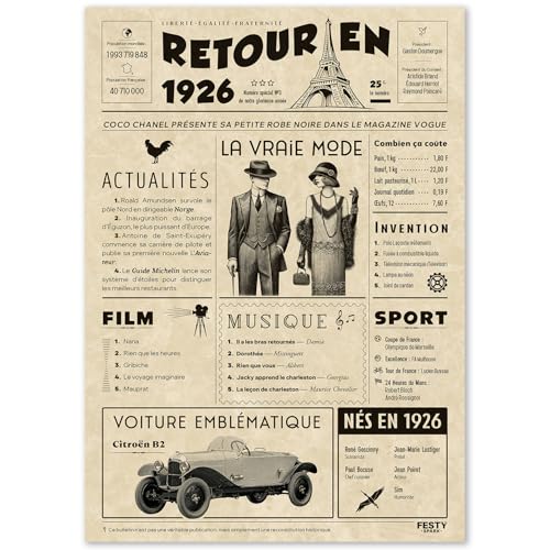 FestySpark Cadeau Original Retour en 1926 - Idée Cadeau 99 Ans femme et homme - Carte Anniversaire 99 ans femme et homme - Decoration Anniversaire 99 ans - Carte d’Anniversaire avec Félicitations