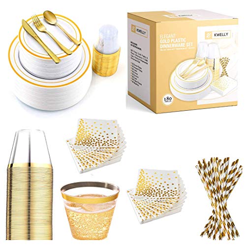 Disposable-Plastic-Tableware-Set with Gold-Rim-Plates, Silverware, Napkins, Cups and Paper Straws for Dinner, Wedding-Party, Bridal Shower, Birthday and Christmas - No BPA -180 Pcs Gold-Fancy-Cutlery