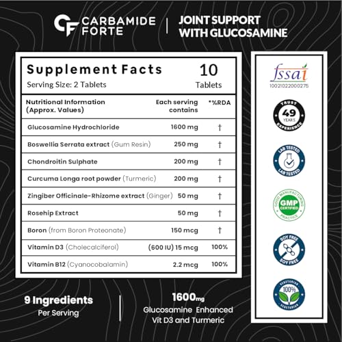 Image of Carbamide Forte Joint Support Supplement for Adults with Glucosamine 1600mg Per Serving with Chondroitin, Boswellia, Turmeric & Ginger- Tablets 10 Count