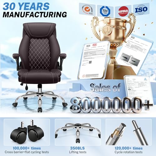 Image of BestGlory Executive Office Chair with Lumbar Support, Big and Tall Ergonomic Computer Desk Chair, Leather Comfy High Back Gaming Chair with Flip Up Arms & Rocking Function for Home Office, Coffee