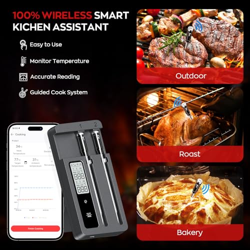 Image of Smart Wireless Meat Thermometer with Dual Probes, Bluetooth & WiFi Combo, Remote Monitoring & Smart Alerts for BBQ, Grill, Smoker, Oven, Air Fryer