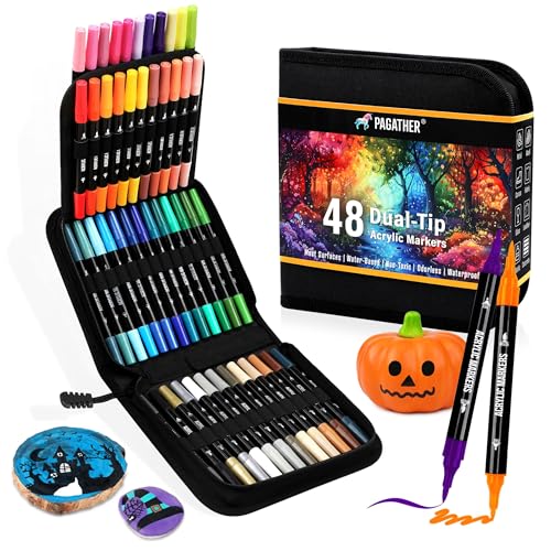 Pagather AM002 48 Colors Acrylic Paint Markers, Dual Tip With Fine Tip And Brush Tip Pens cover