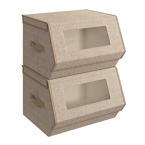 SONGMICS Stackable Storage Bins Set of 2, Storage Boxes with Lids and Front Windows, Non-Woven Fabric Closet Organizers with Magnetic Closures, Side Handles, Sand Beige URLB002Y01