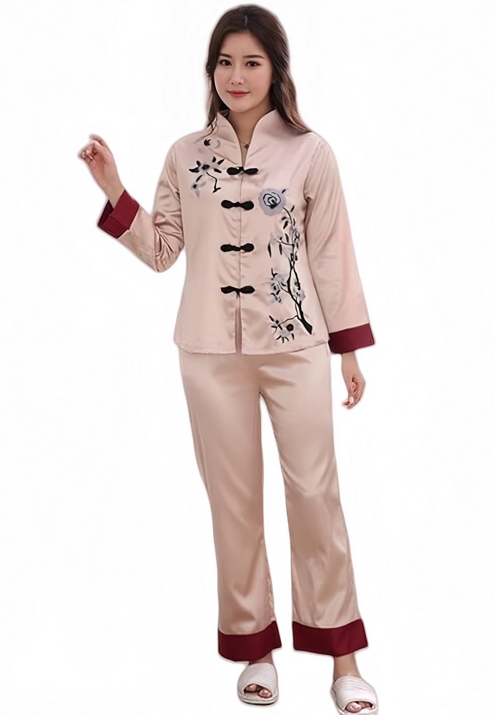 MIYAA Donna Raso di Seta Pigiama Set,Rosa Tradizionale Cinese Donna Pigiama di Seta Set Ricamo Fiore Stampa Pigiama Vestito 2 Pezzi Home Wear Pigiameria Loungewear M L XL XXL 3XL
