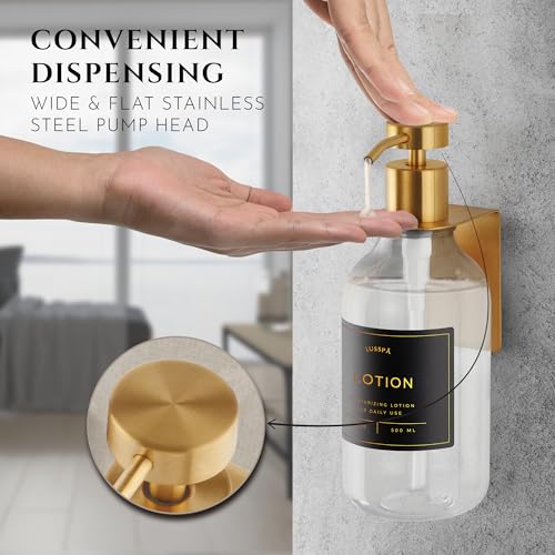 Shower Shampoo Dispenser Wall Mounted – Refillable 16.9 oz Clear Bottle with Stainless Steel Pump & No-Drill Adhesive Holder – Soap Dispenser for Bathroom (1 X Clear/Gold) - image 3