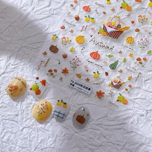 Image of Autumn Nail Art Stickers 5D Embossed Nail Decals Self-Adhesive Colorful Nail Supplies Fall Harvest Manicure Thanksgiving Day Stickers for Women Girls DIY Nails Decorations