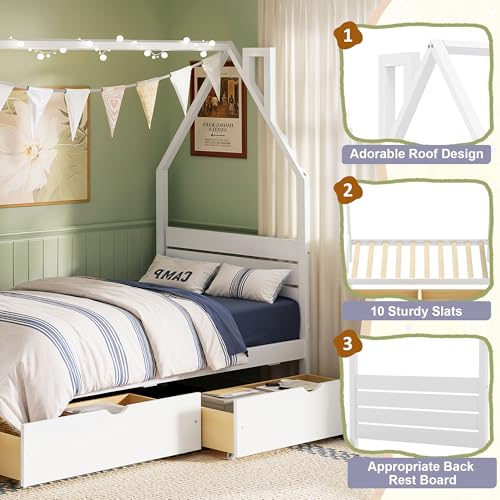 Image of Twin Size House-Shape Platform Bed with Headboard and 2 Storage Drawers, Montessori Wood Bed Frame with Roof and Chimney Design, No Box Spring Needed, Easy Assembly (White-06, Twin)