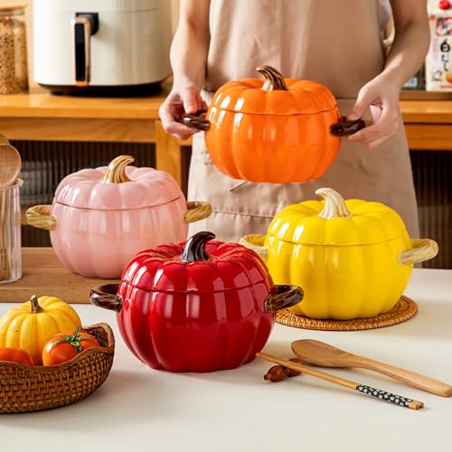 CVQWRJH Ceramic Pumpkin Casserole Pot,Pumpkin Dutch Oven Pot with Lid,Halloween Pumpkin Soup Bowls, Creative Tableware Ceramic Pumpkin Bowl for Thanksgiving Autumn Fall Baking Halloween,Pink,1.7qt