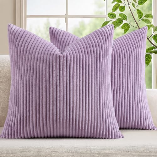 Image of Mecatny Corduroy Decorative Throw Pillow Covers 24x24 Set of 2 for Sofa Living Room, Soft Neutral Boho Couch Pillow Covers for Home Decor, Lilac