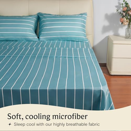 Image of LuxClub 4 PC Full Size Sheet Set, Breathable Luxury Bed Sheets, Deep Pockets 18 inch Wrinkle Free Cooling Machine Washable Hotel Bedding (Striped Light Blue)