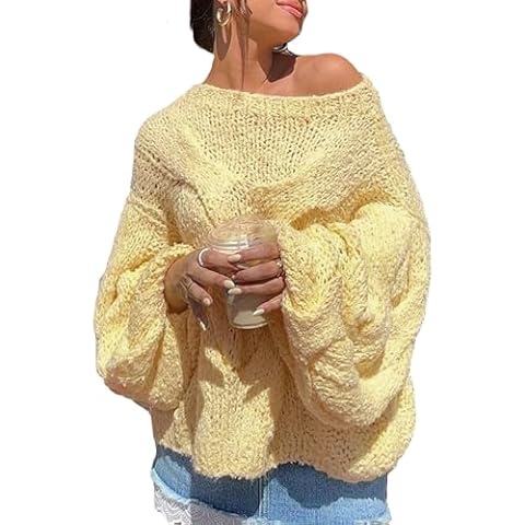 Quzzion Women's Oversized Sweater Long Sleeve Pullover Sweaters Crewneck Loose Knit Jumper Top Yellow Cover