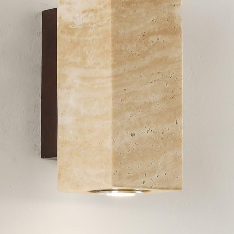 Nowoczesna długa i liniowa lampa ścienna z kamienia naturalnego Cylindryczny efekt marmuru z diodami LED w stylu vintage, drewno i żółty trawertyn idealna do sypialni, salonu lub przedpokoju