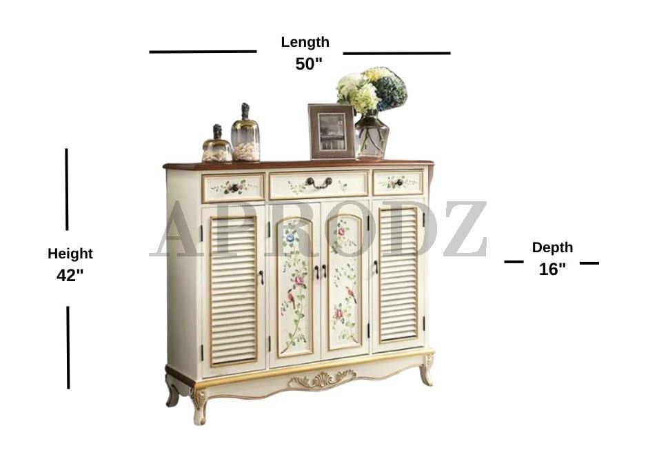 Image of APRODZ Wooden Handpainted Shoe Cabinet with Drawer Storage (White + Brown Finish)
