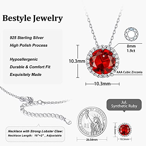 Bestyle 925 Sterling Silver Love Round Cut Cubic Zirconia Halo Necklaces, Brilliant Created July Ruby Cz Birthstone Necklace Pendant For Women Girls #TOP5