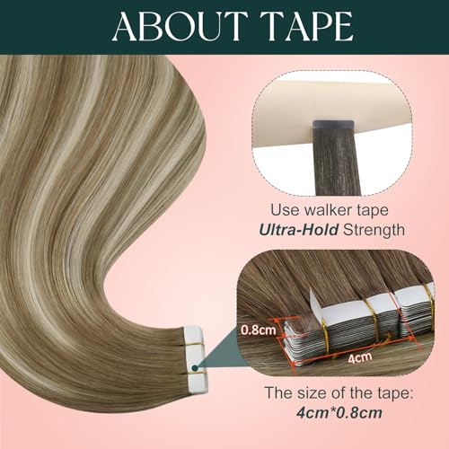 Image of Easyouth Human Hair Extensions Tape in Balayage 20 Inch Tape in Hair Extensions Human Hair Medium Brown Ombre Brown with Platinum Blonde Invisible Tape in Hair Extension 50g 20pcs