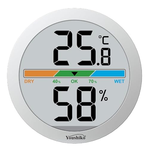 Youshiko Digital Thermo-Hygrometer, Indoor Weather Thermometer Hygrometer Gauge, Monitor Temperature and Humidity Meter for Home Office, Min/Max Records (Silver)
