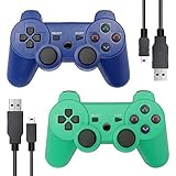 Autker PS3 Controller Wireless 2 Pack Playstation 3 Controller Double Vibration for PS3 with 2 Charging Cable (Blue+Green)
