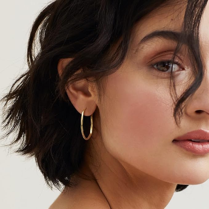 14K Gold Hoop Earrings for Women, Twisted Large Hoops, Trendy Dainty Thin Hypoallergenic Earrings (30mm*2mm)