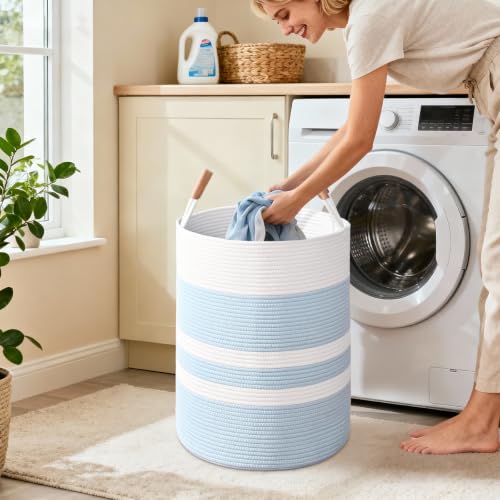 Image of Large Laundry Basket, Laundry Hamper with Leather Handles, 90L Woven Dirty Clothes Hamper, Rope Hampers for Bedroom, Barthroom, Blue